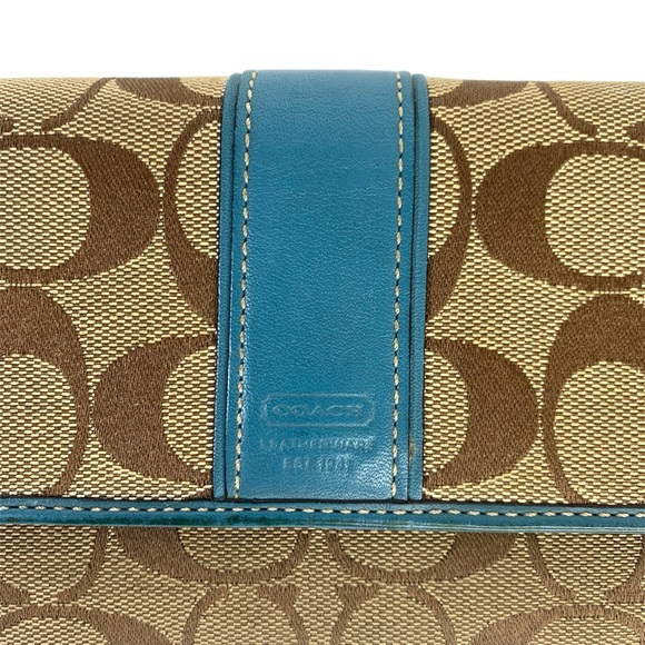 Coach Signature Canvas Checkbook Wallet Tan Brown Bleu Leather Trim - Picture 3 of 6